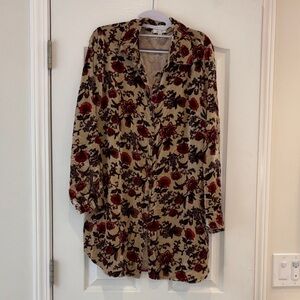 Johnny Was Floral V-Neck Mini Dress/ Tunic in Tan with Red Accents